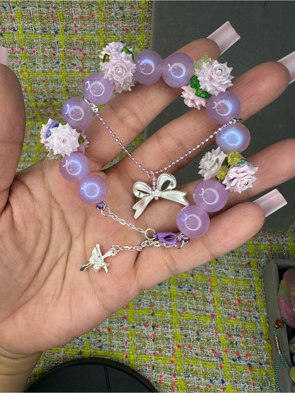 Lavender Pearl Beaded Bracelet with Bow Charm - Unbranded